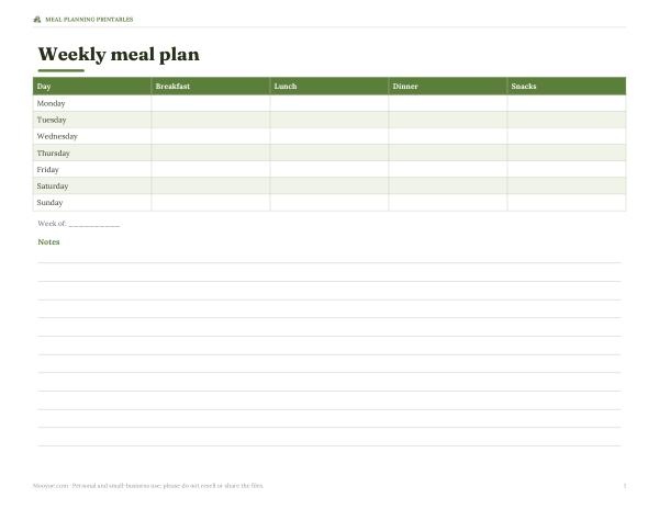Preview of Printable Weekly Meal Plan Sheet